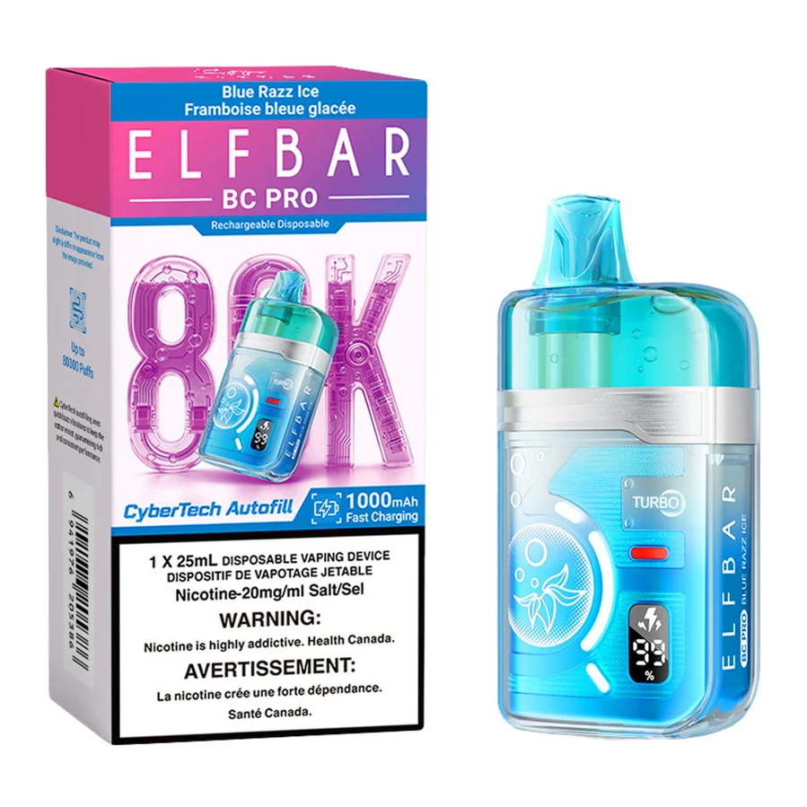 Elf Bar BC Pro 80K Disposable Vape Device - Blue Razz Ice 25ml Elf Bar BC Pro 80000 Blue Razz Ice with packaging and fresh blue raspberries on a white surface