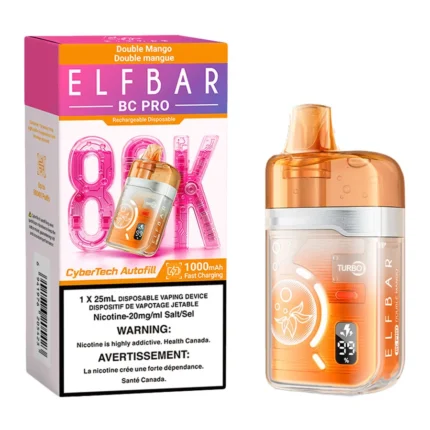 Elf Bar BC Pro 80000 Double Mango vape device with box and fresh mango slices on a white surface