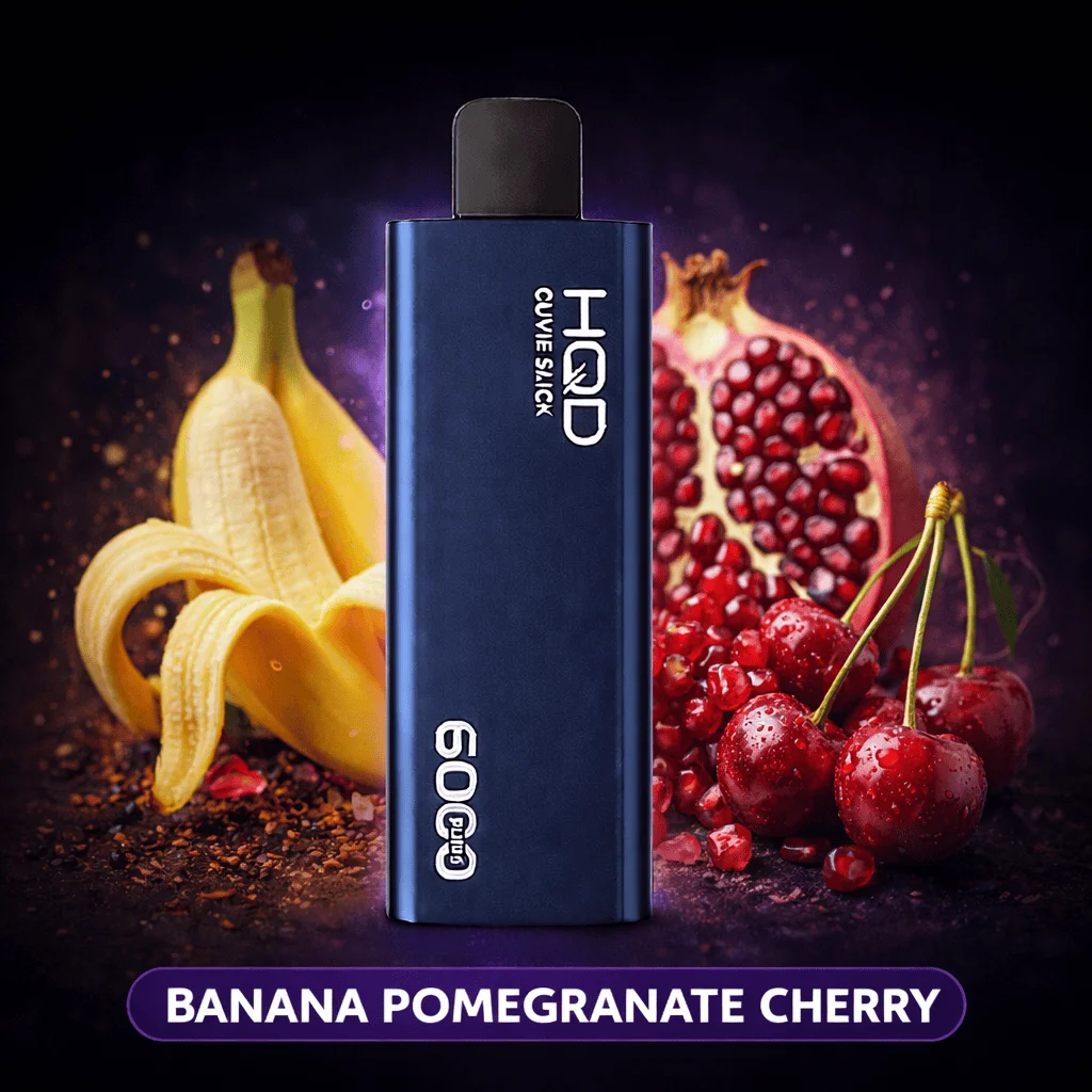banana-pomegranate-cherry-hqd-cuvie-slick-6000-new-flavour hqd cuvie slick 6000 banana pomegranate cherry vape device with banana, pomegranate, and cherry flavor