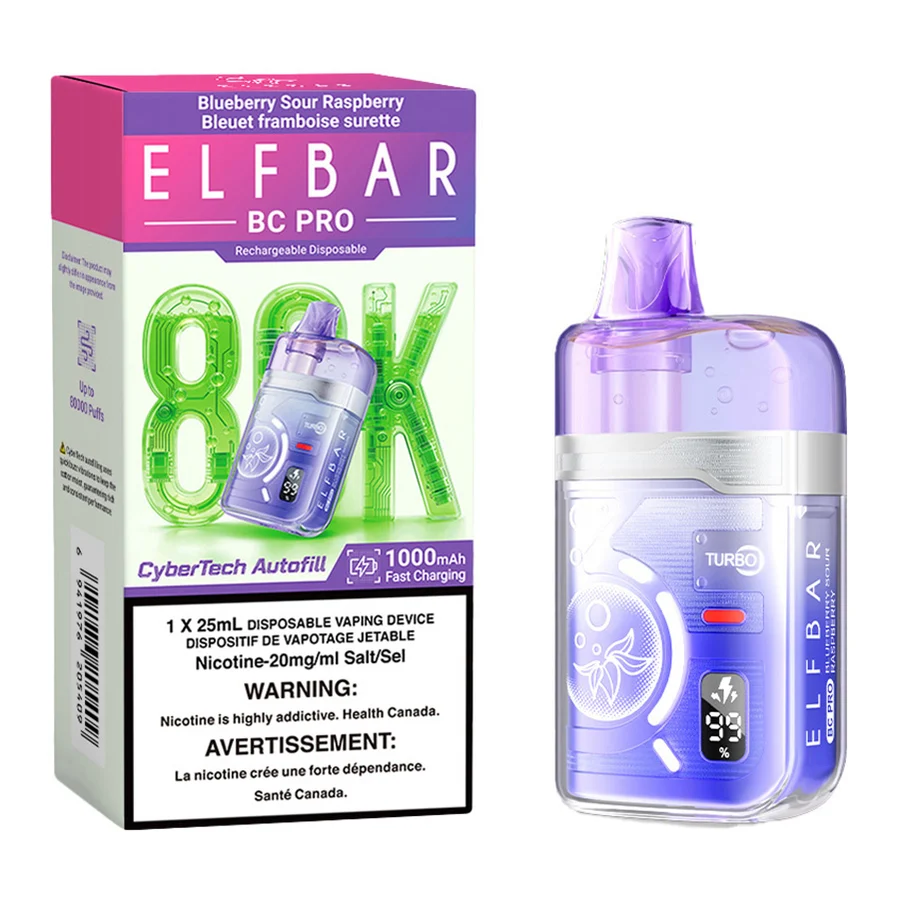 blue Elf Bar BC Pro 80000 Blueberry Sour Raspberry device with box and berries on table