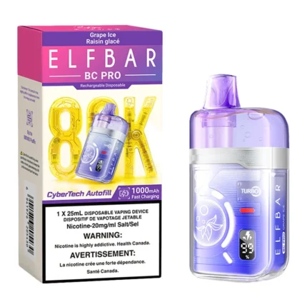 Elf Bar BC Pro 80000 Grape Ice disposable vape with box and fresh grapes on white background