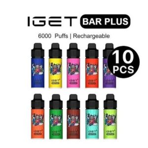 Person holding IGET Bar Plus vape with S3 pod and replacement pods staged on a clean Australian background