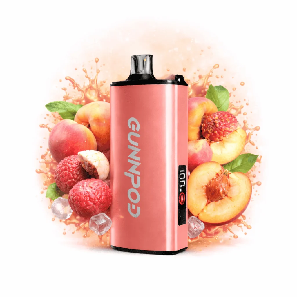 peach-lychee-gunnpod-evo-15-000 GUNNPOD EVO 15000 PEACH LYCHEE vape device with peach and lychee flavor