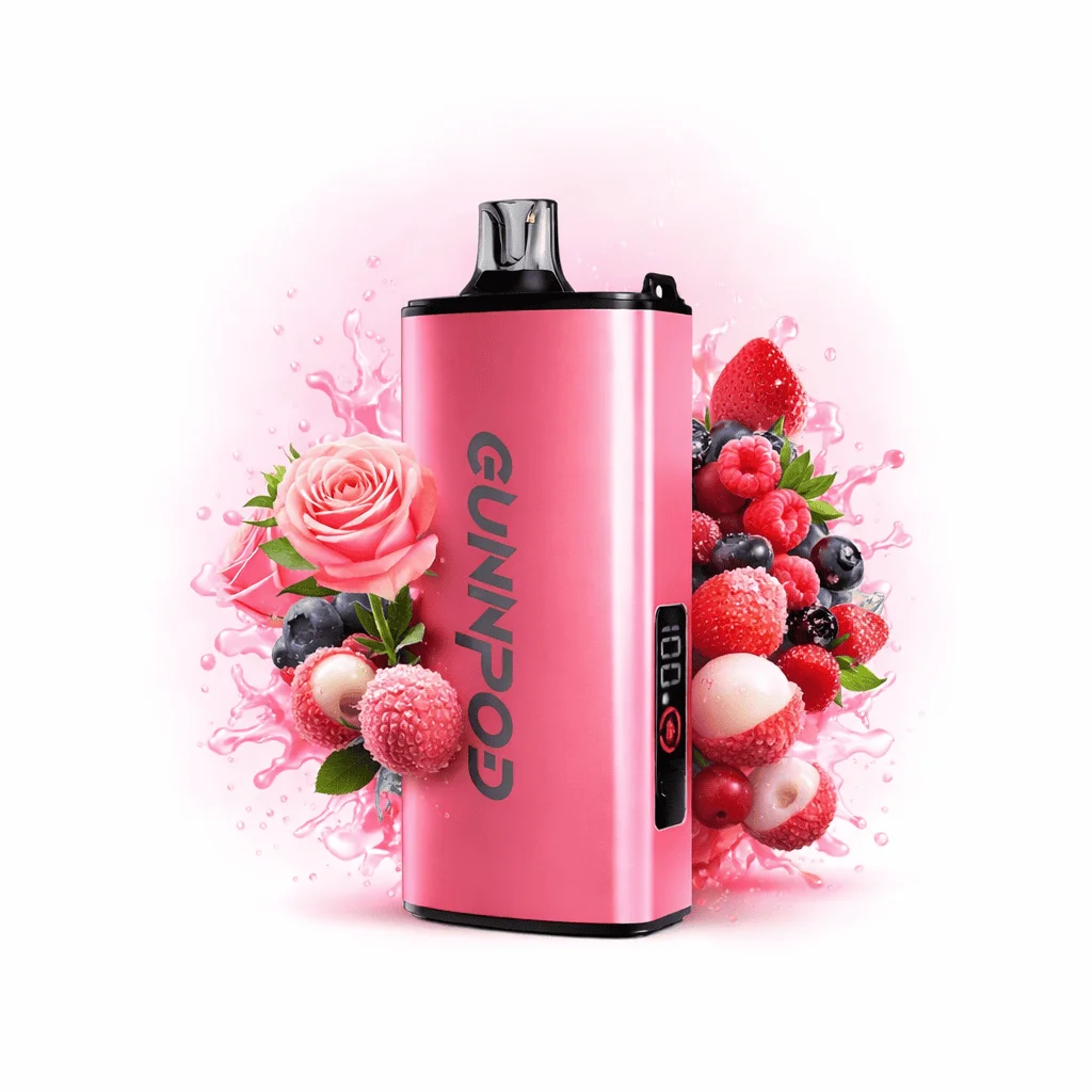 rose-and-berry-lychee-new-gunnpod-evo-15-000 GUNNPOD EVO 15000 ROSE AND BERRY LYCHEE vape device with rose, berry, and lychee flavor