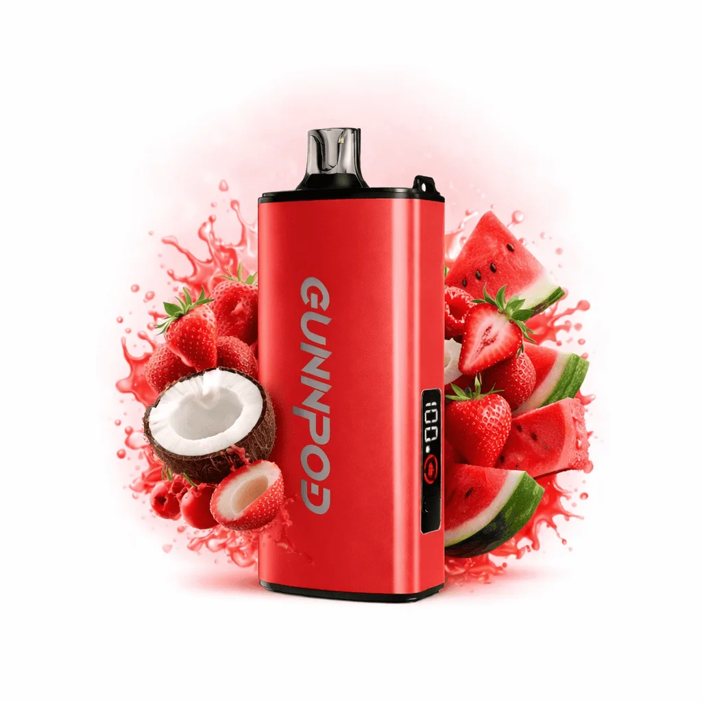 strawberry-coconut-watermelon-ice-new-gunnpod-evo-15-000 gunnpod evo 15000 strawberry coconut watermelon ice vape device with strawberry, coconut, and watermelon ice flavor