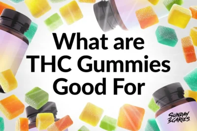 Assorted THC gummies in front of the Sydney skyline, next to a vape pen